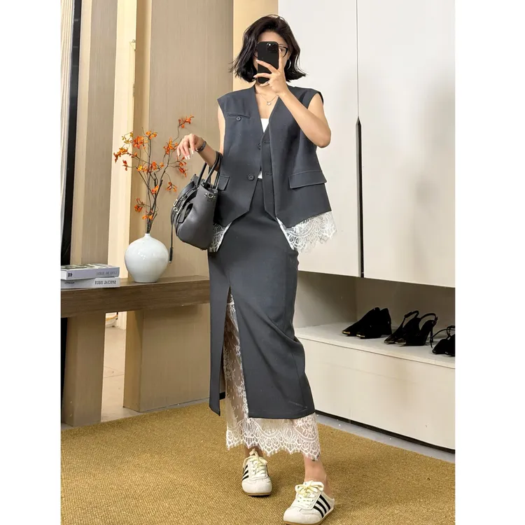 夏季宽松蕾丝拼接西装马甲外搭女轻熟风高级感上衣女SHBZW651655