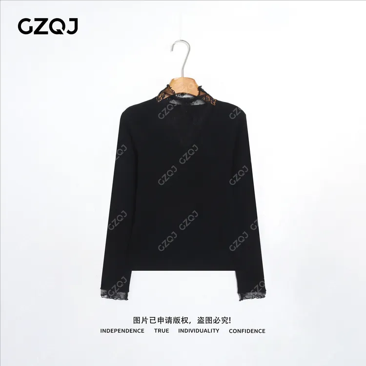 老琴私服【夜宴迷迭】绵羊毛设计师蕾丝拼接V领针织衫女冬款 6166