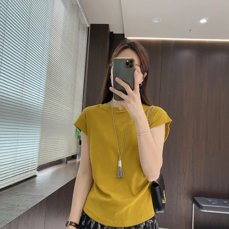 IMFLY金小金自制女装 T恤DYW9366夏日简约纯色收腰显瘦上衣女
