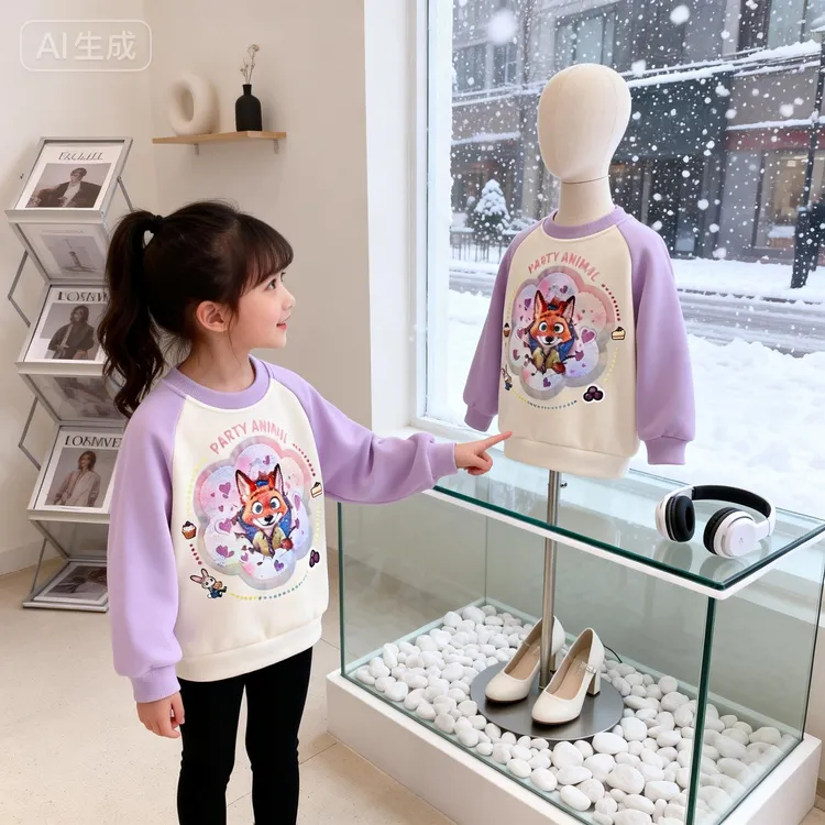 女童变色亮片卫衣儿童秋冬加绒卫衣圆领套头衫上衣女孩子卡通衣服