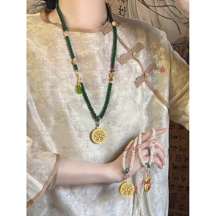 铜合金项链 新中式复古圆牌串珠项链女汉服旗袍毛衣链古风民族风