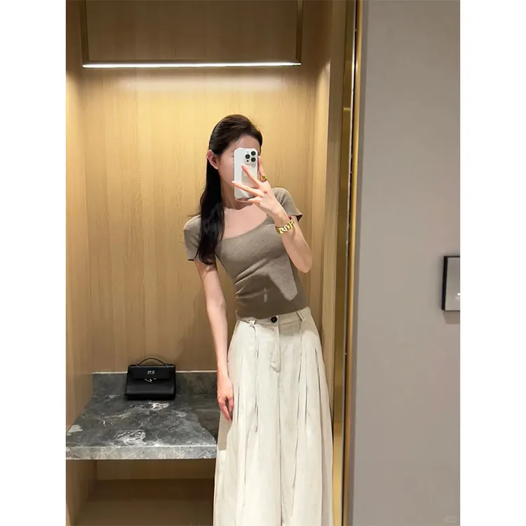 韩系小众设计感洋气方领百搭短袖T恤休闲上衣高腰垂感直筒裤套装