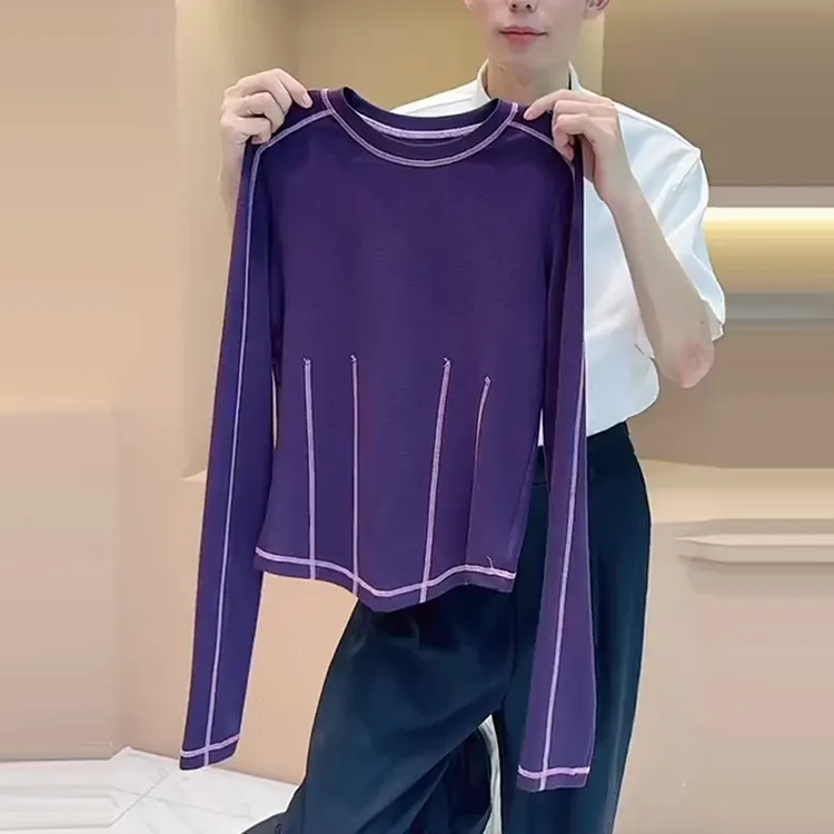 美式设计感紫色长袖t恤女2025秋季新款撞色明辑线内搭显瘦打底衫