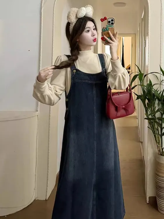 复古牛仔背带裙女春秋2025新款中长款宽松显瘦开叉盐系减龄连衣裙