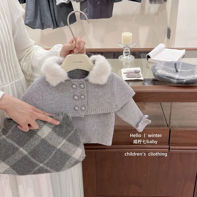 【咸柠七】千金风！原创女童灰色双排扣斗篷披肩毛衣格子半身裙韩系