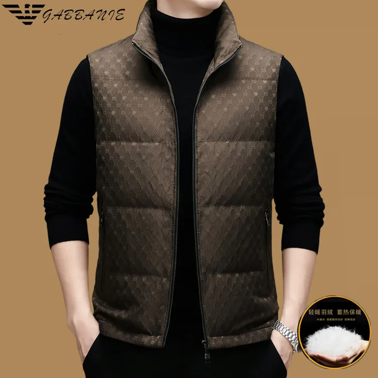 意大利品牌秋冬季拉链羽绒马甲男青年潮流百搭立领提花白鸭绒马甲