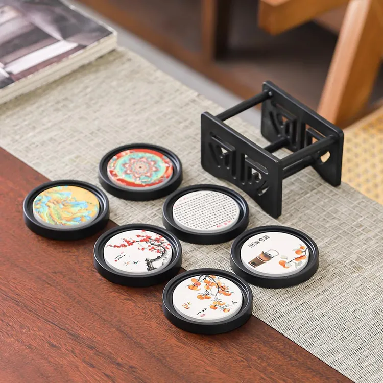 中式速干吸水茶杯垫家用浮雕隔热垫茶托复古圆形功夫茶具茶道配件