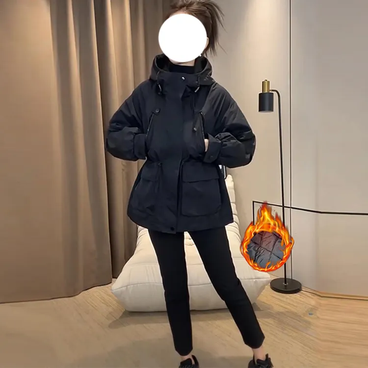 2025秋冬季新款女士时尚显瘦收腰夹棉连帽外套加厚保暖休闲风衣服