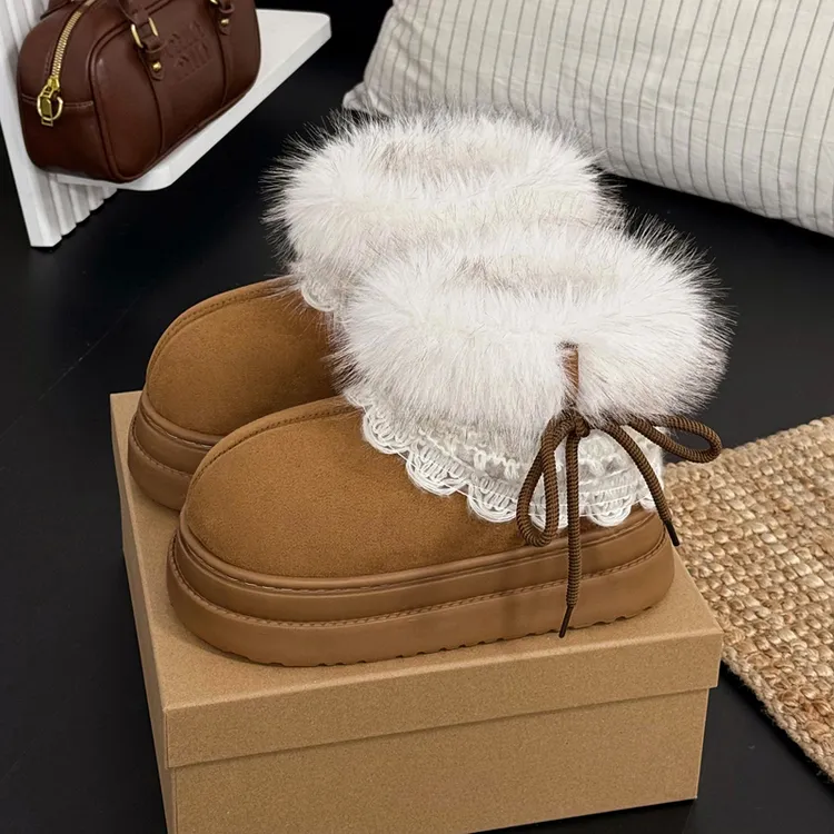猫力费尔岛毛毛雪地靴女冬季百搭厚底增高加绒保暖短靴棉拖鞋女生