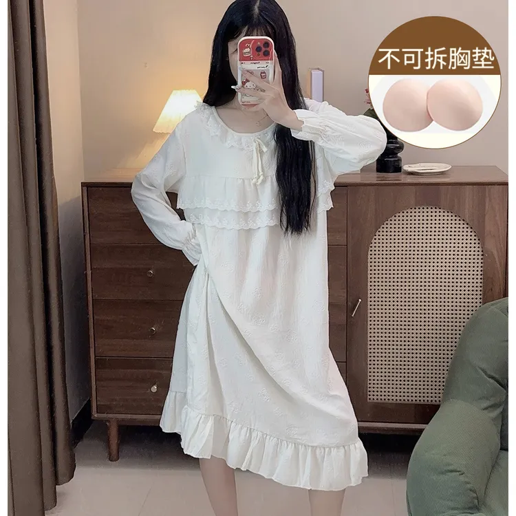 奶乎乎睡衣女春秋季长袖甜美风中长款带胸垫睡裙薄款秋天家居服