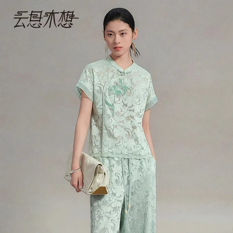 Ysimo-X云思木想 青青子衿 中式立领植物染蕾丝绣花女士上衣14980