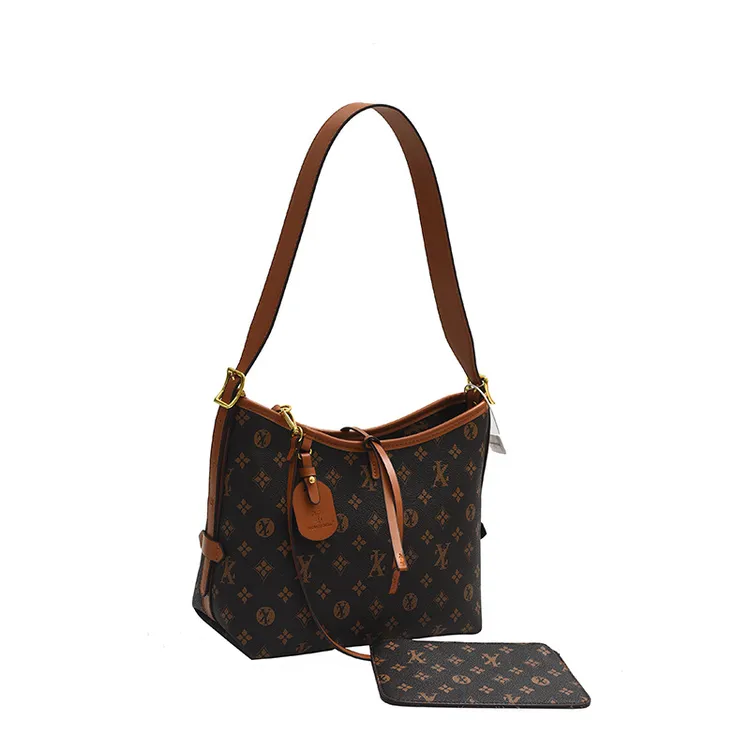 新款复古印花子母包包女外出百搭腋下包中古通勤大容量托特包咖色