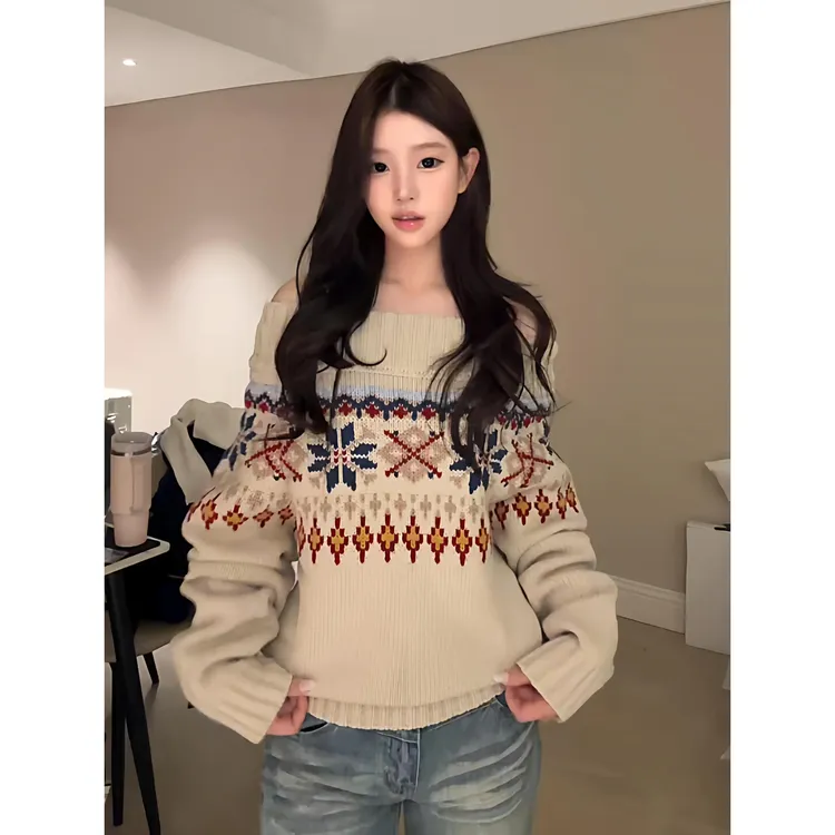 覆古费尔岛提花慵懒一字肩宽松厚实秋冬毛衣针织露肩高级感上衣女