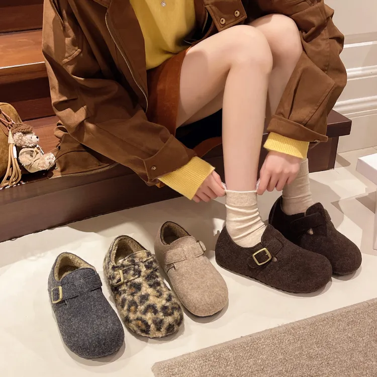 平跟勃肯鞋女2025新款秋冬季加绒一脚蹬懒人毛毛鞋子保暖棉鞋软底