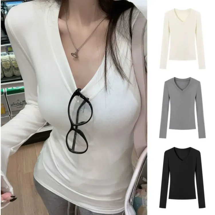 【家居】修身显瘦纯色长袖打底衫女秋季紧身基础款白色性感内搭上衣