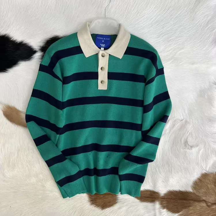 比利时订单 高级色系 男士纯棉针织翻领横条纹长袖毛衣针织衫