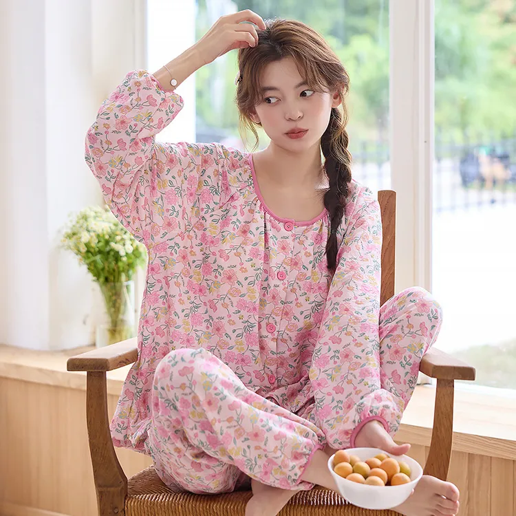 秋冬季云朵棉带胸垫睡衣女长袖开衫可外穿甜美碎花大码家居服女秋