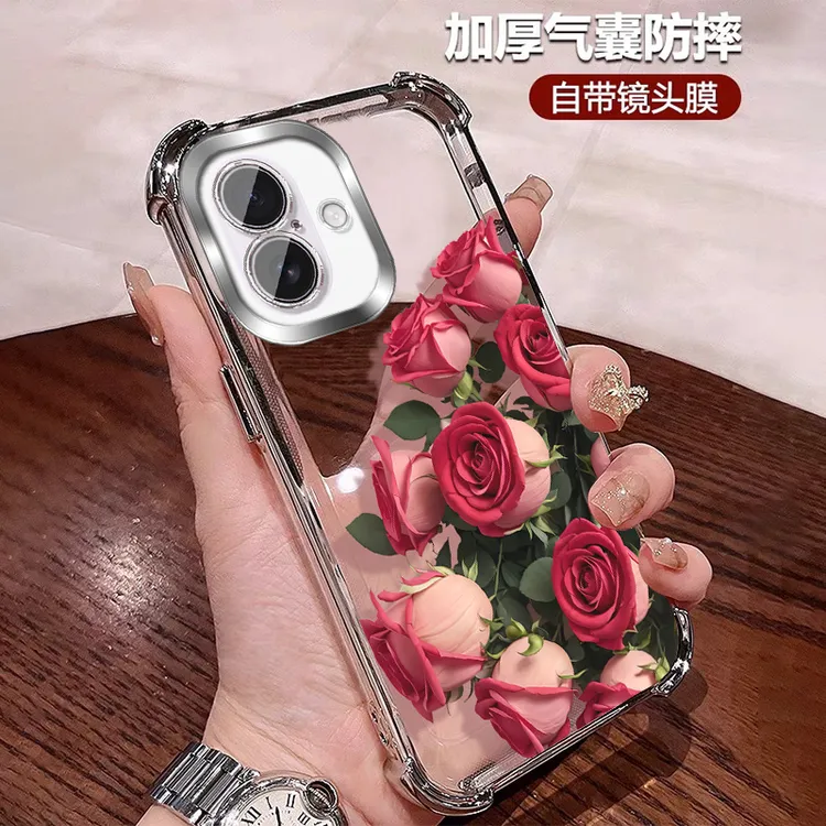 复古玫瑰适用苹果17pro手机壳air四角防摔15promax硅胶带镜头膜16