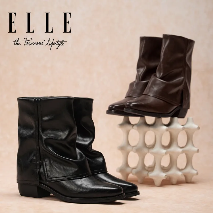 ELLE棕色西部堆堆靴女2025新款复古粗跟瘦瘦靴巨好看小个子裤管靴