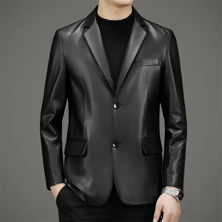 春秋款真皮头层牛皮西装修身皮夹克男士外套真皮皮衣男