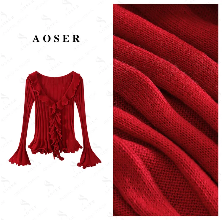 AOSER荷叶边长袖收腰设计师针织衫显瘦时尚女秋冬季气质百搭2576