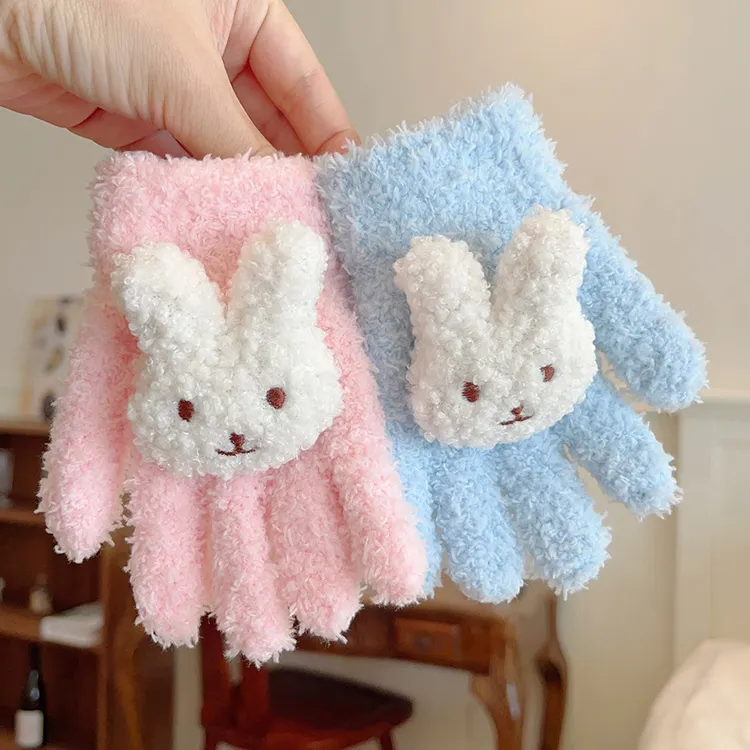 韩国卡通毛绒兔子儿童手套冬季防寒保暖加厚骑车五指男女宝宝通用