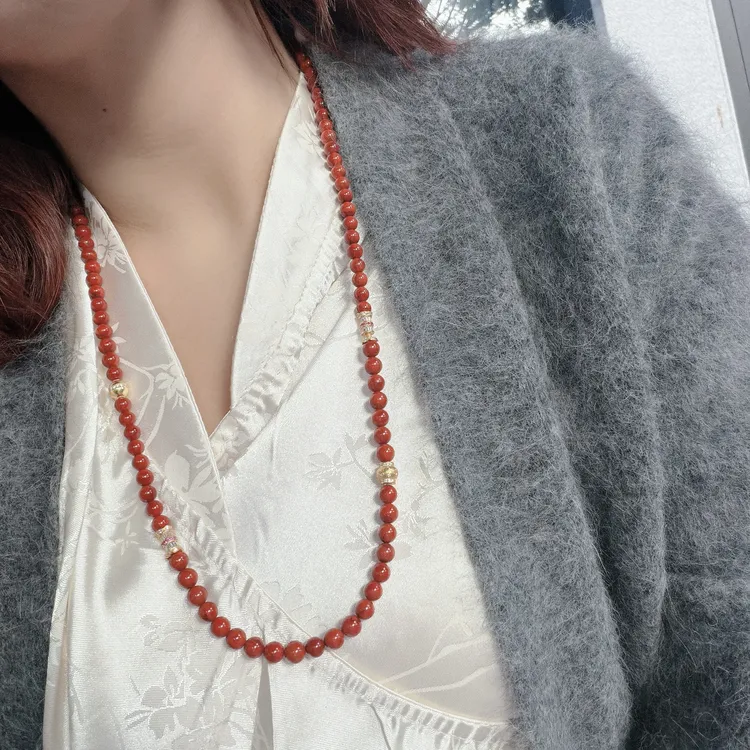 【晓荷】「南红毛衣链/项链/手链」三戴可拆卸珠6mm长68cm 精工S925银