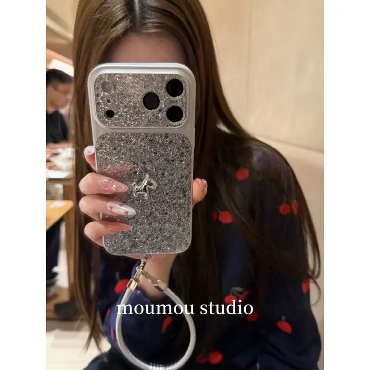 高级感银色闪粉亮片小马适用于iPhone17pro/max苹果16pro壳防摔15