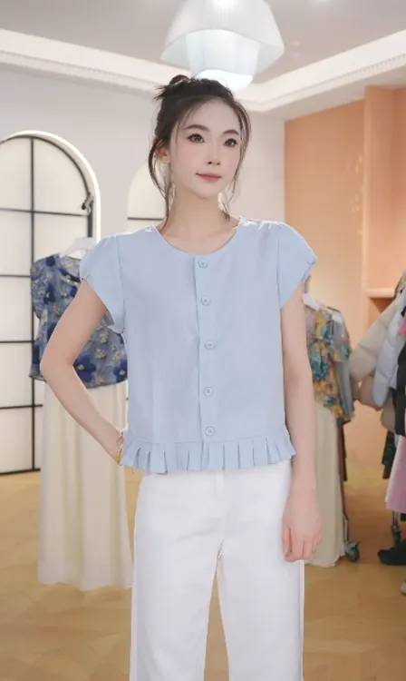 F3002休闲风气质时尚衬衣夏季新款显瘦减龄洋气百褶上衣