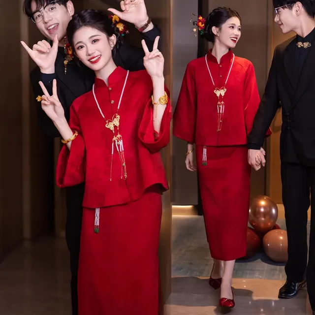大尺码胖mm套装敬酒服新娘新款高级感新中式旗袍订婚礼服裙显白回