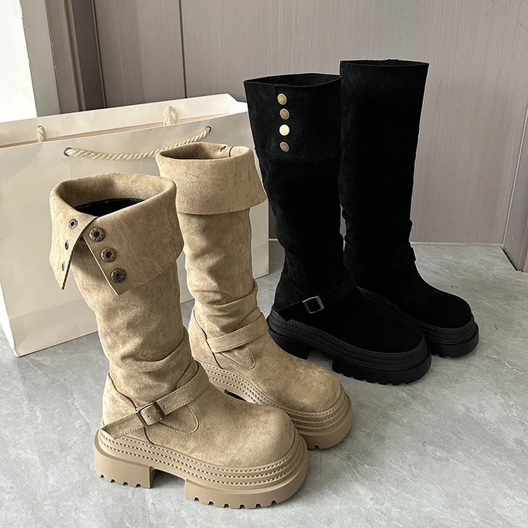 时尚百搭复古英伦风粗跟厚底长筒靴女2025新款秋冬显瘦两穿骑士靴
