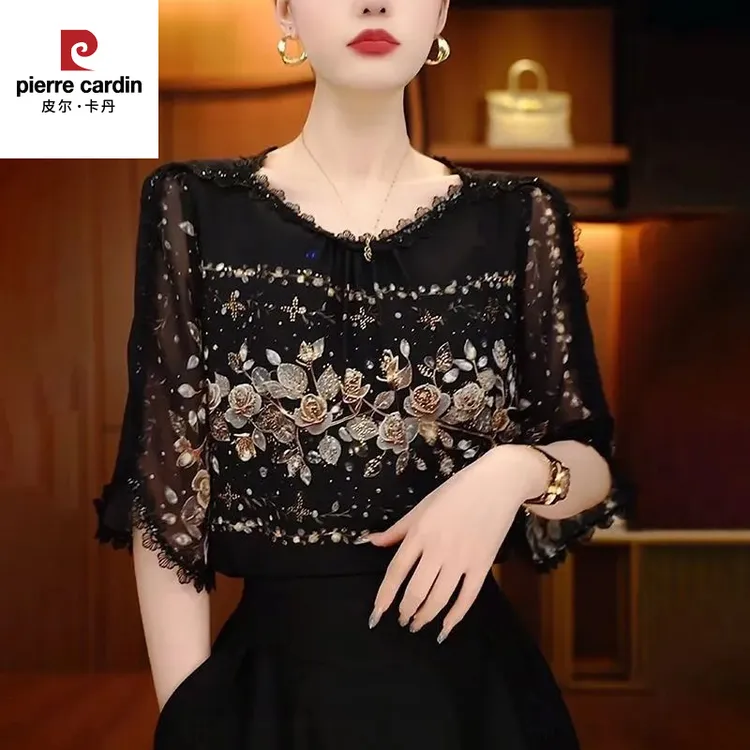 皮尔卡丹2025年夏季新款时尚洋气圆领宽松显瘦上衣大码减龄妈妈装