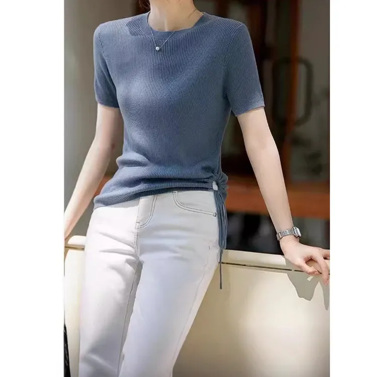韩版圆领纯色抽条侧边系带短袖T恤显瘦通勤设计感女士针织衫半袖