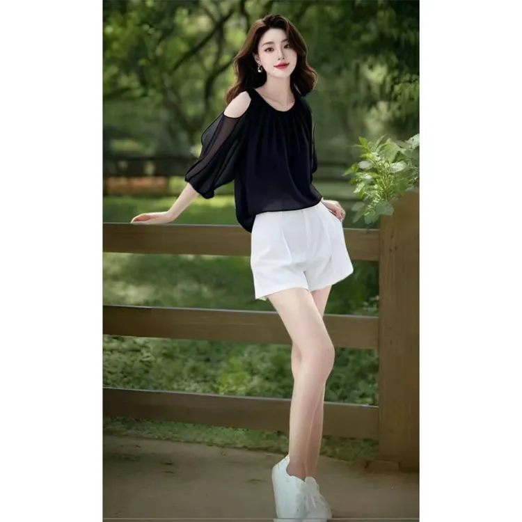 淑女气质上衣挖肩设计高级感短袖雪纺衬衫两件套装女2025新款夏季