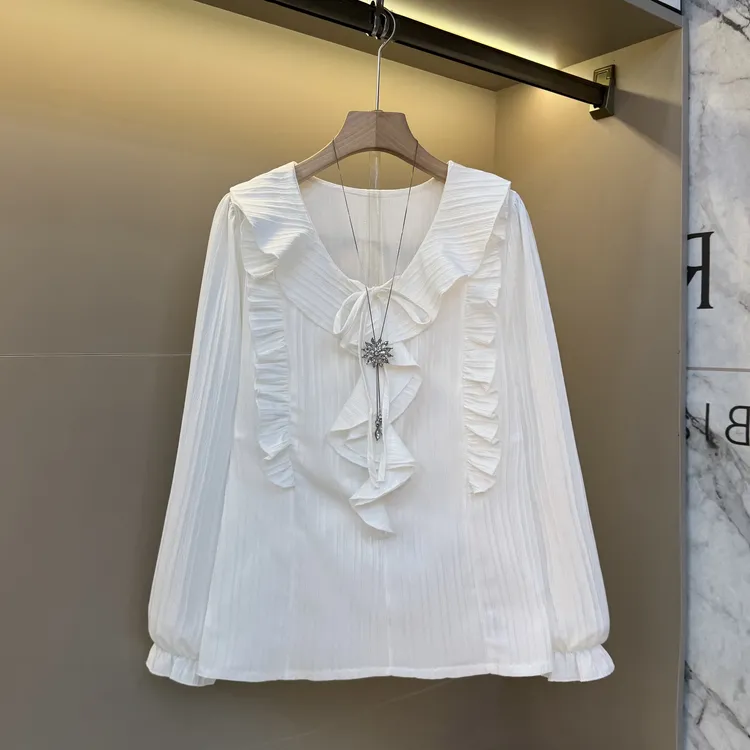 新款圆领个性花边设计感小众穿搭百搭长袖胖妹妹洋气显瘦上衣886