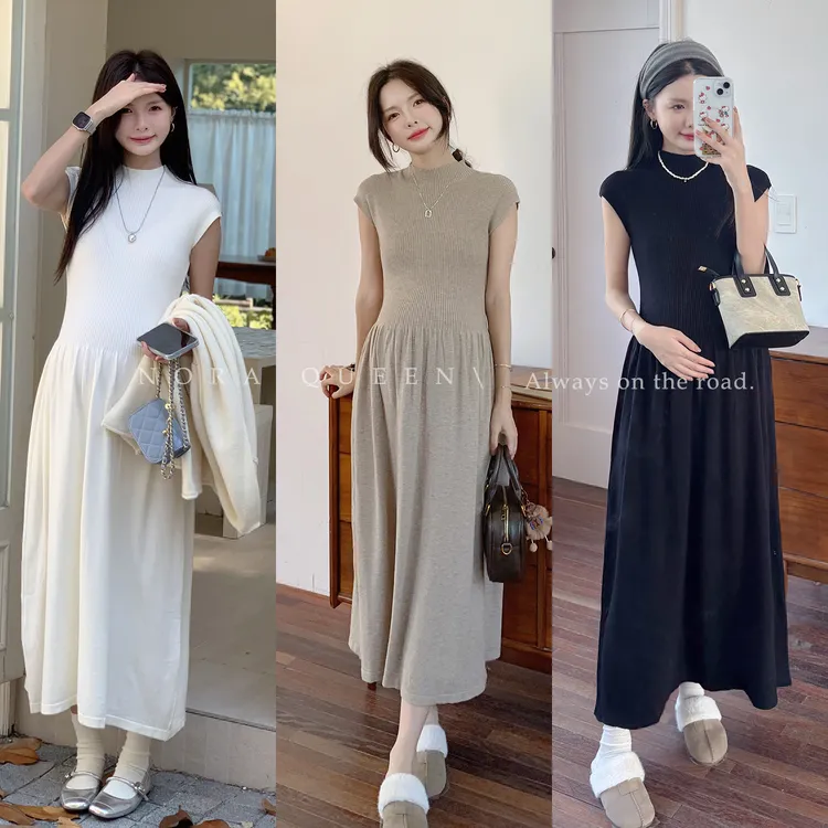 娜拉自制孕妇半高领针织连衣裙秋冬中长无袖背心毛衣裙内搭打底裙