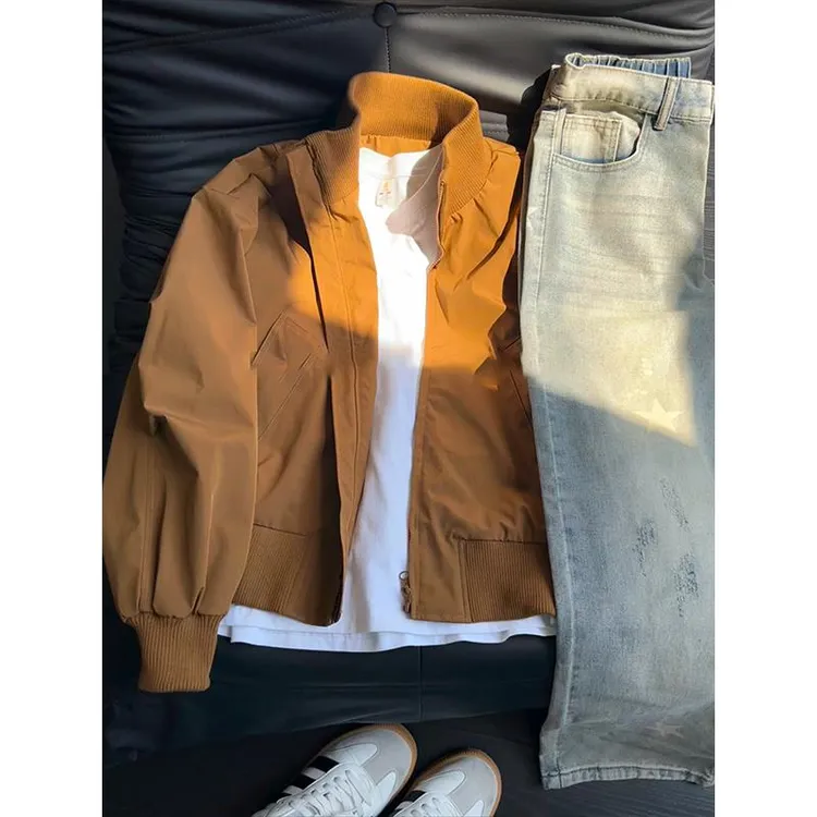 vintage卡其色外套男款秋季巴恩风立领棒球服美式短款飞行员夹克