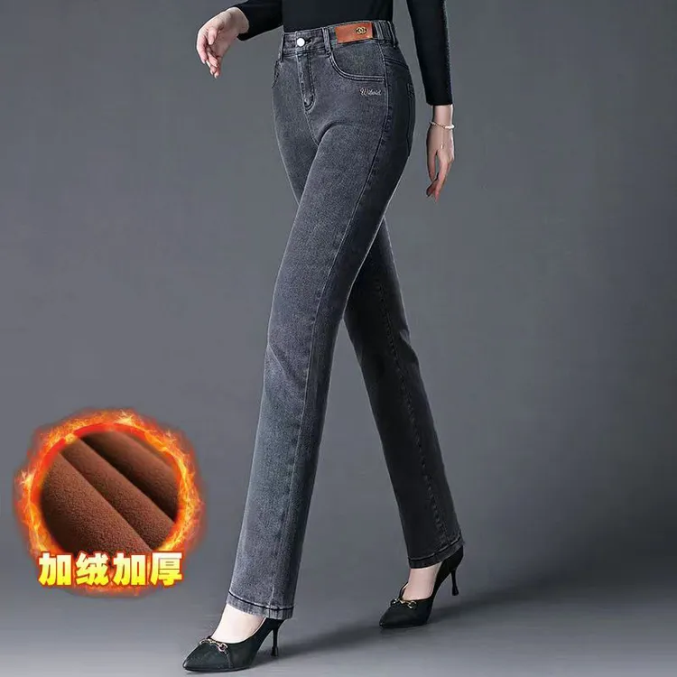 烟灰色加绒牛仔裤女秋冬款中年女裤显瘦弹力中老年妈妈直筒裤百搭