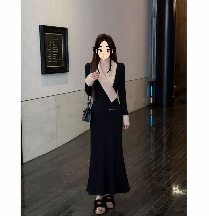 甜心月神冬季加绒气质V领珍珠拼接收腰显瘦连衣裙