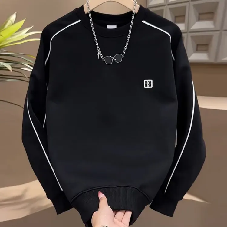 秋冬加绒韩版男士卫衣帅气休闲设计感简约潮流圆领打底衫无帽潮牌