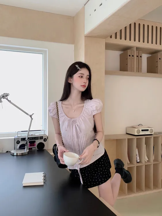 大码胖MM系带浅紫色泡泡袖衬衫女短袖2025夏新款韩系宽松显瘦上衣