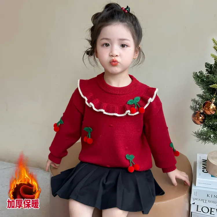 女童2025冬季新款加厚红色毛衣儿童女宝宝洋气时尚甜美内搭打底衫