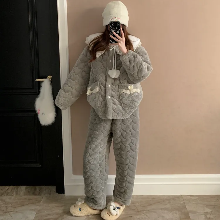 珊瑚绒三层夹棉睡衣女秋冬季可外穿深灰加厚加绒法兰绒家居服套装