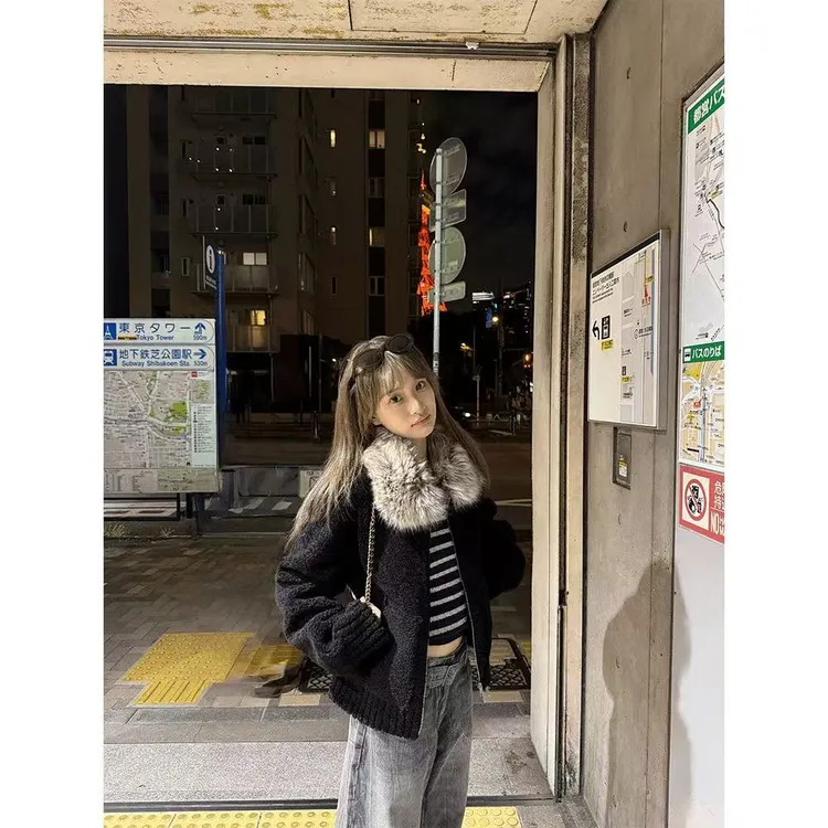 定染毛领小颗粒皮毛一体羊羔毛毛外套女保暖长袖上衣冬 