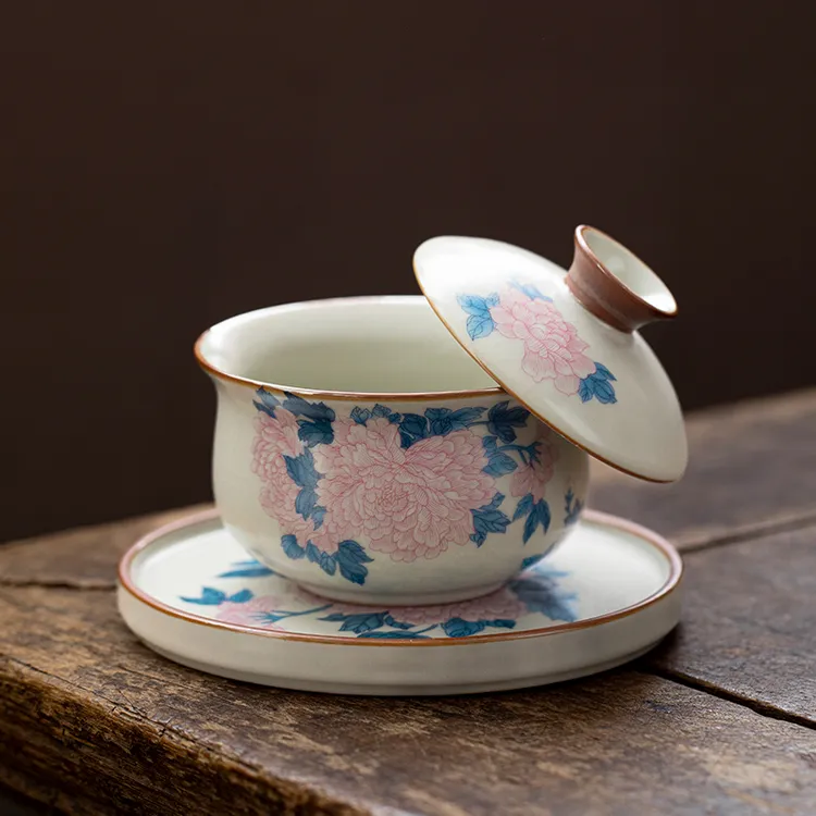 汝窑米黄三才盖碗可悬停旋转牡丹茶杯单个高端陶瓷家用泡茶碗茶具