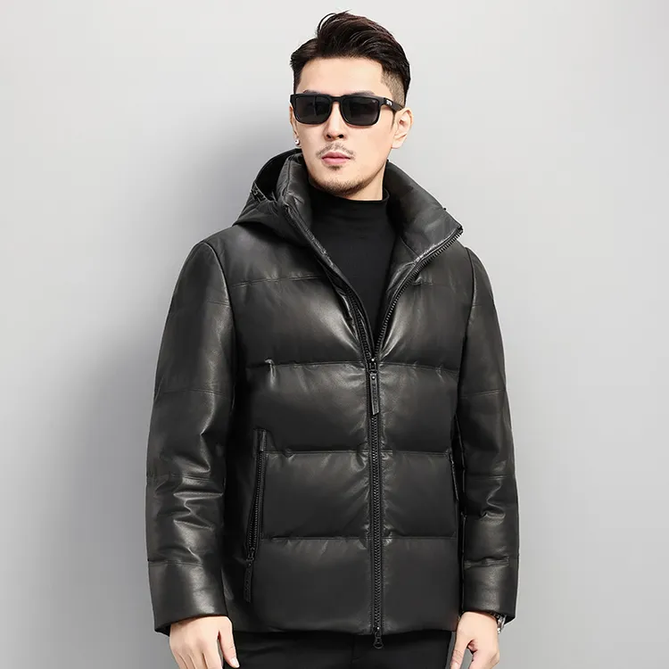 真皮羽绒小胎牛皮鹅绒皮衣短款款连帽加厚皮夹克外套鹅绒服-061-3