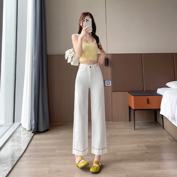 乔栈白色刺绣小个子女孩牛仔裤2025年夏季新款高腰九分直筒裤裤子