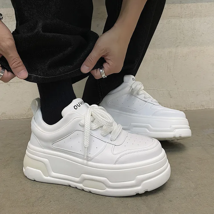 男鞋2025冬季新款小白鞋隐形增高7CM厚底板鞋小众原创溶解潮鞋子