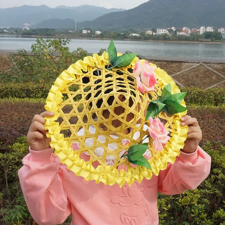 新款竹编斗笠儿童跳舞表演道具帽成人广场舞帽傣族舞蹈斗笠花朵帽