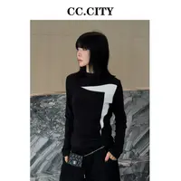 【蔡丽丽】秋冬款黑色针织拼接半高领百搭显瘦打底T恤上衣6x1350